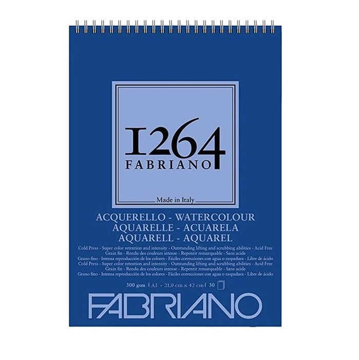 FABRIANO Bloc 1264 Aquarelle. 30 feuilles A3. Papier blanc naturel satiné 300g. Spirale sur la largeur
